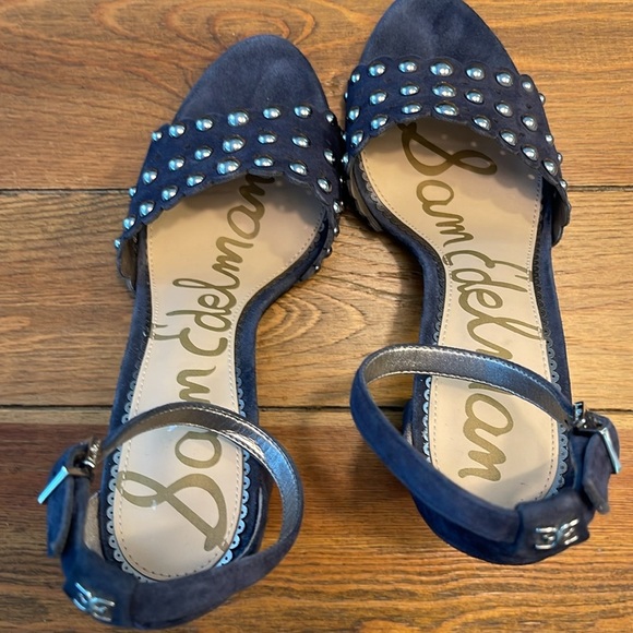 Sam Edelman | Blue Suede Silver Studded Open Toe | Ankle Strap | Women’s 9.5 - Picture 5 of 7